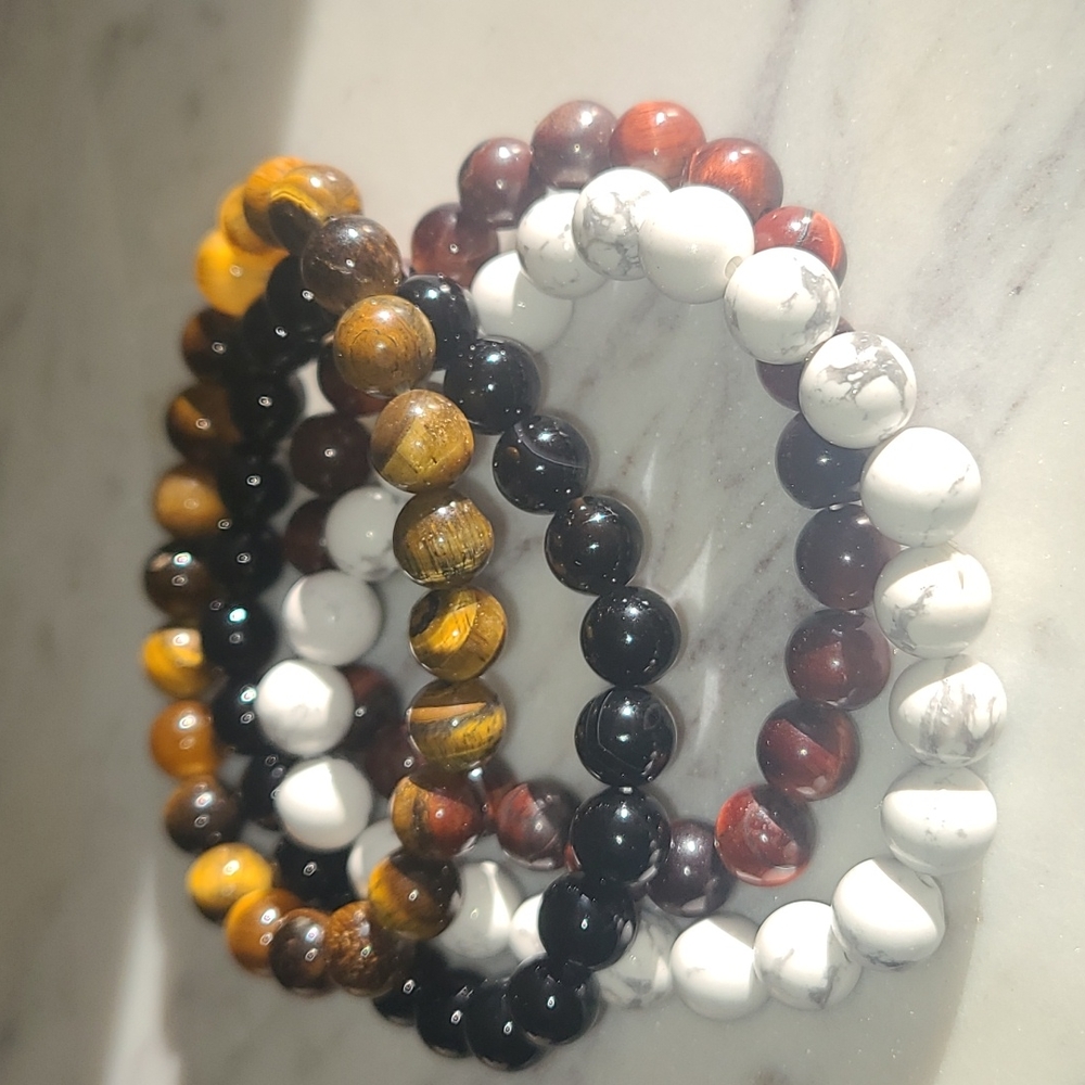 **3 for $15** MIX3 / (4) white tiger eye black agate glass bead bracelets